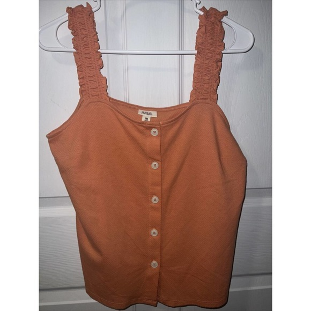 A.N.A. Women's Size PM Button Front Wide Ruffle Strap Orange Tank Top Blouse.